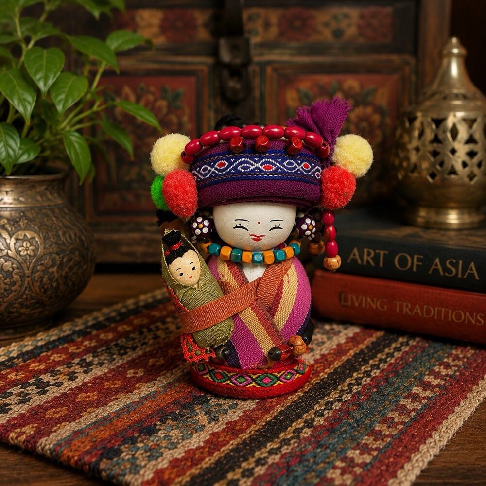 Vintage Hmong Miao Folk Art Mother Baby Doll Handcrafted Textile Beaded 6"
